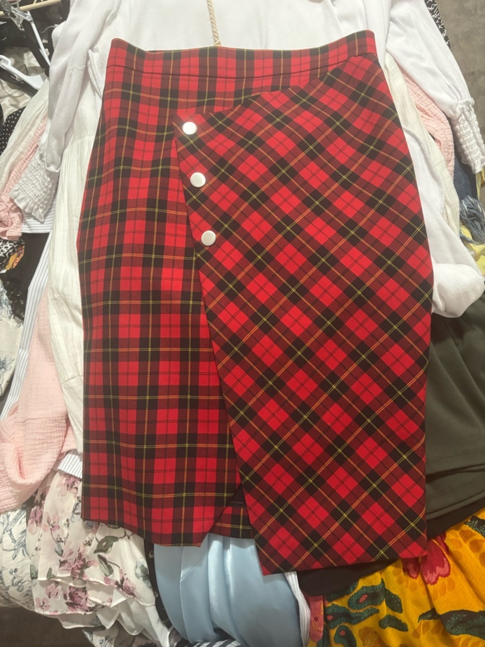 Maje Red Plaid Asymmetrical Wrap Skirt with White Button Detail